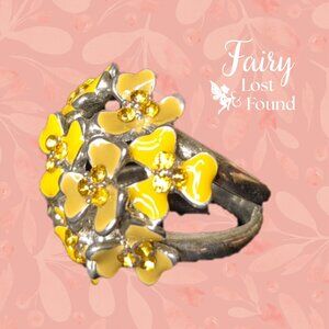 Statement Silver Ring with Yellow Enameled Flowers & Rhinestones sz 7